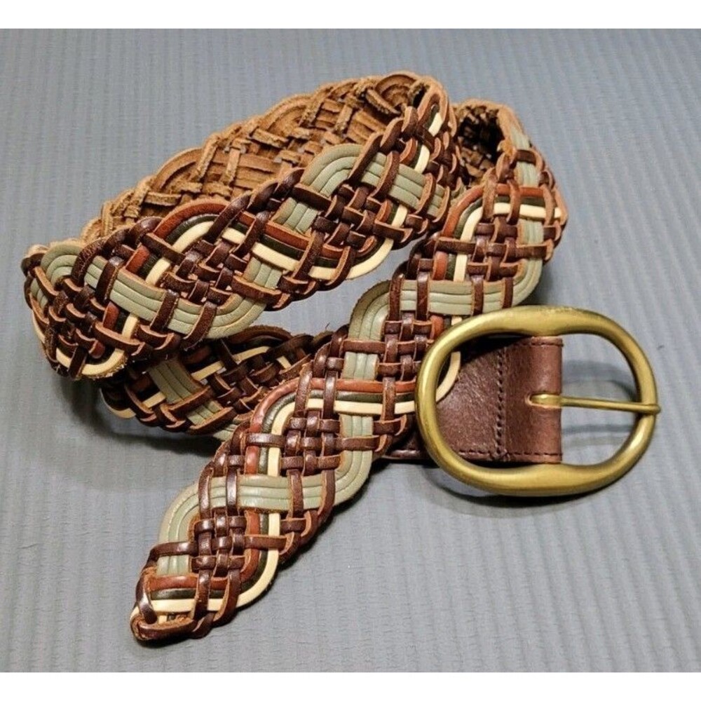 Genuine Leather Brown Woven Braided Womens L 2"Wide Belt BRASS buckle 90s